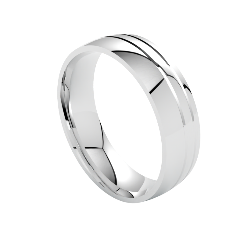 Asymetryczne nacięcia na półokrągłej obrączce z białego złota szerokość 6 mm